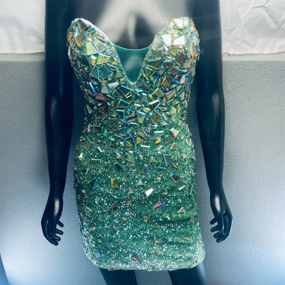 Angela Alison Green Ombre Crystal Beaded Sequin Hoco Prom Mini Pgnt Dress Sz 2